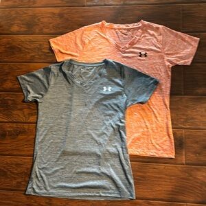 2 tops!  UA vneck wicking fabric.  Size LG. Barely work